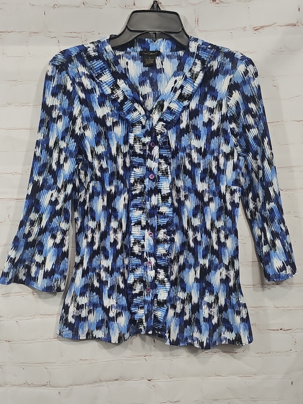 Nue Options Blue and White Ruffle-Front Button Down Top